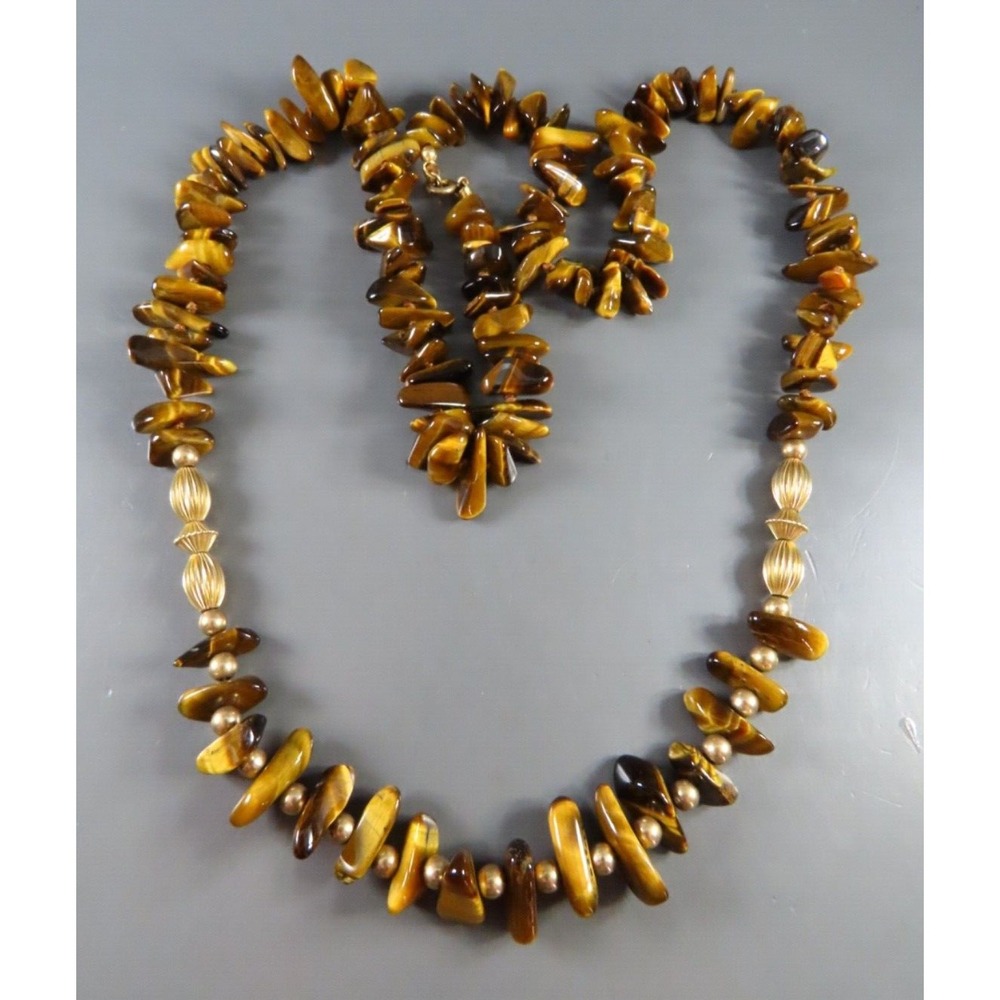 12K YELLOW GOLD FILLED GF Brown Tiger's Eye GEMSTONE CHIP NECKLACE Fluted Beads